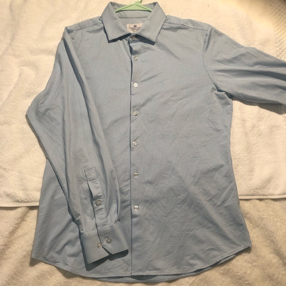 Mizzen Main Mens L Tall Trim Leeward Stretch Button Up Dress Shirt Blue Check